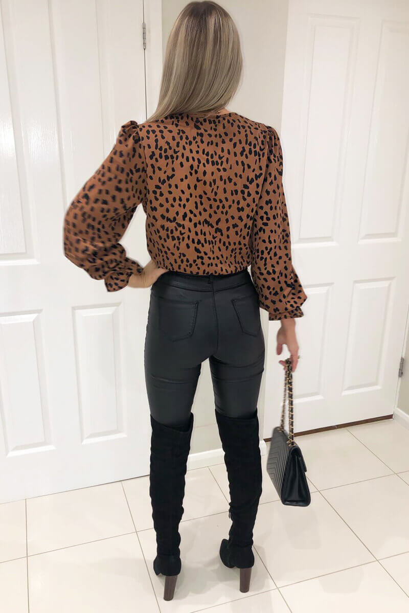 Brown Printed Wrap Top Long Sleeve Bodysuit – AX Paris