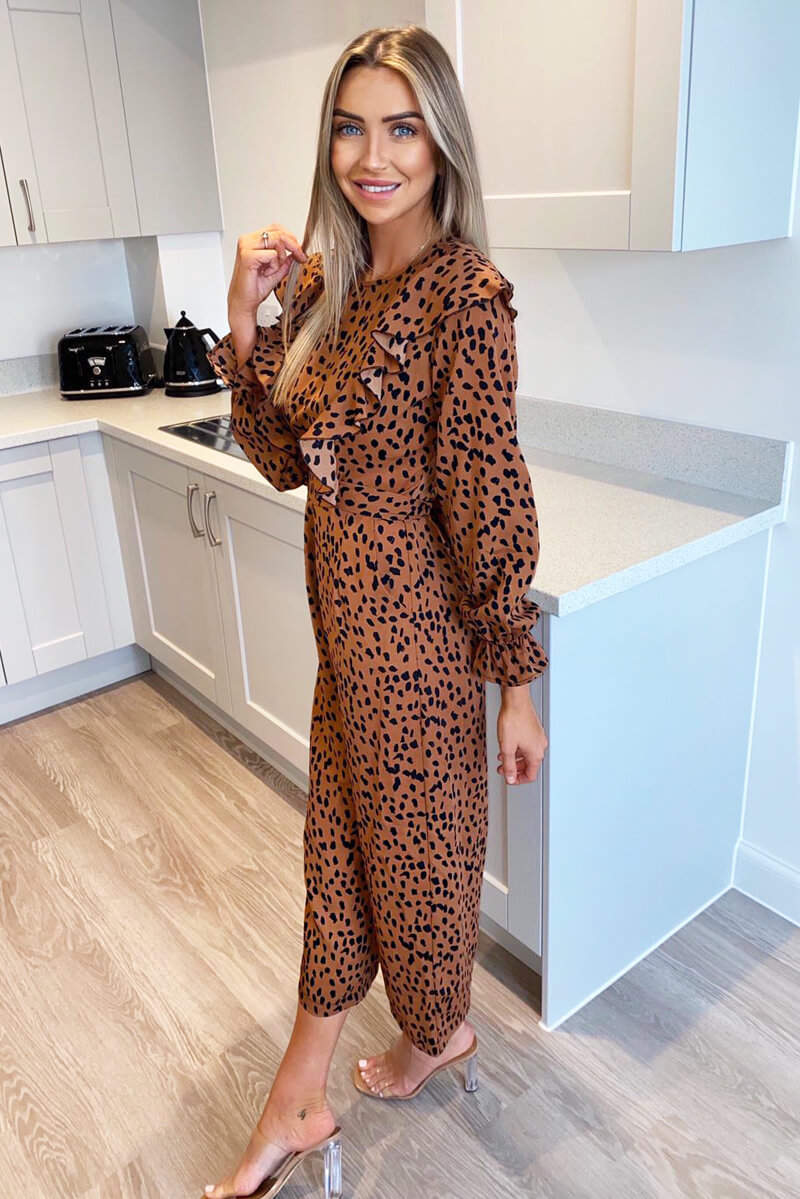 Camel Printed Frill Panel Long Sleeve Jumpsuit