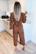 Camel Printed Frill Panel Long Sleeve Jumpsuit