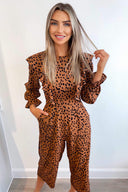 Camel Printed Frill Panel Long Sleeve Jumpsuit