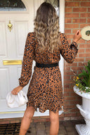 Camel Printed Wrap Frill Dress