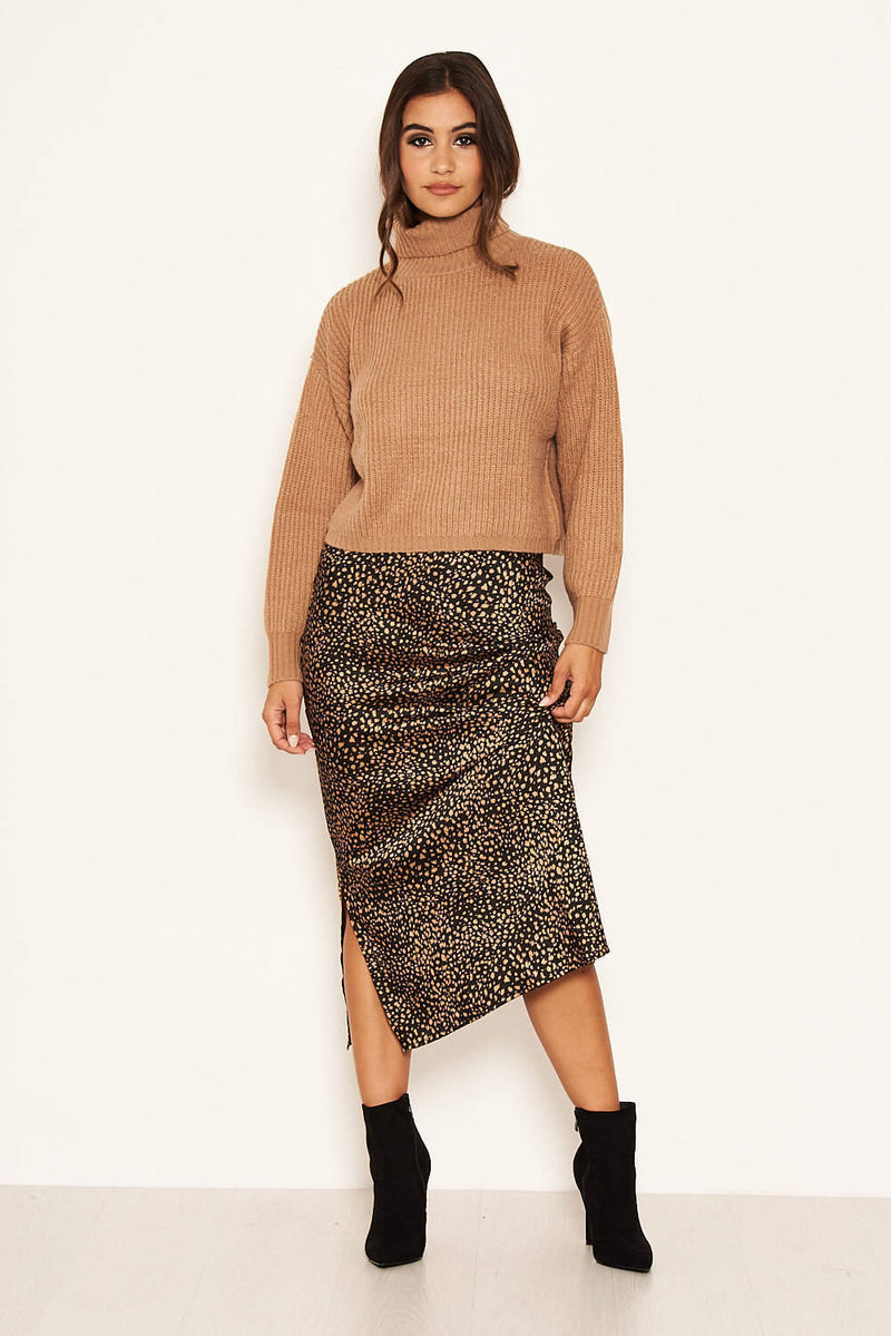 Camel Roll Neck Cropped Knit Jumper