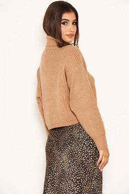 Camel Roll Neck Cropped Knit Jumper