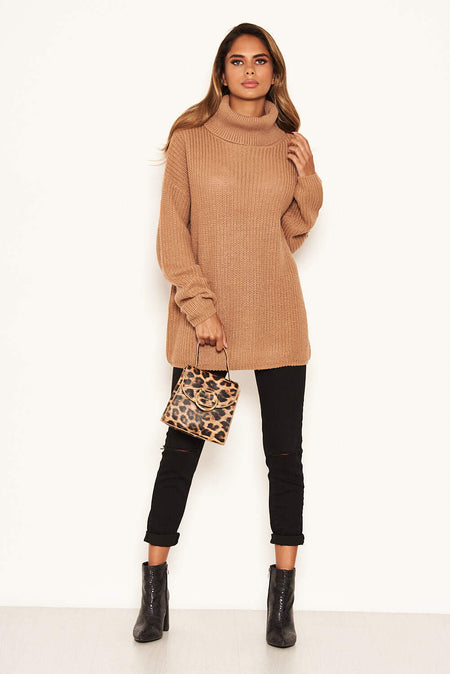 Camel Roll Neck Knit Jumper