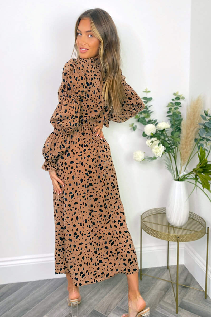 Camel Spot Print Elasticated Sleeve Midi Dress