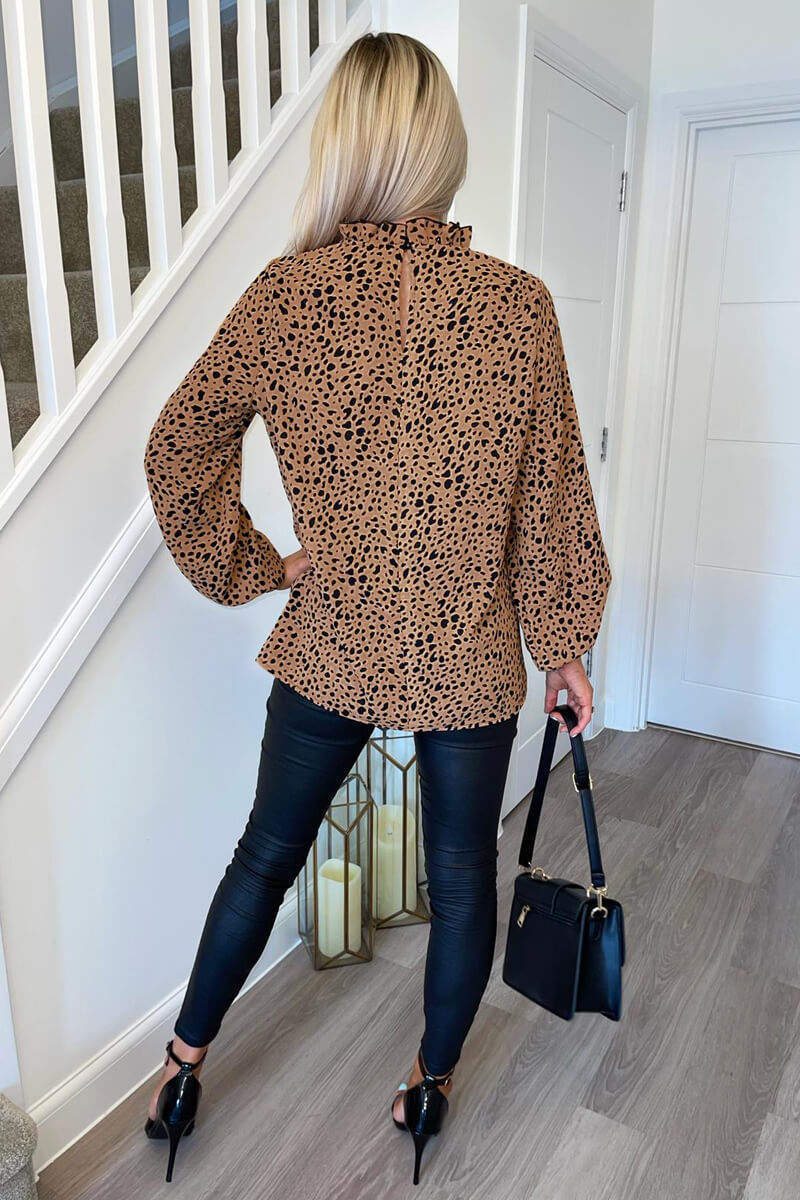 Camel Spot Print High Neck Top