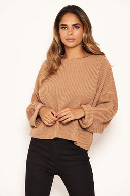 Camel Wide Sleeve Cropped Knit Jumper