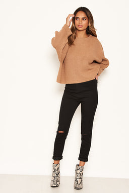 Camel Wide Sleeve Cropped Knit Jumper