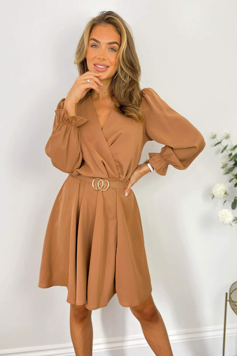 camel skater dress Lulus Dot the Eye Camel Polka Dot Tie-Front Skater Dress, Size XS