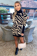 Camel Zebra Print Puff Sleeve Knitted Dress