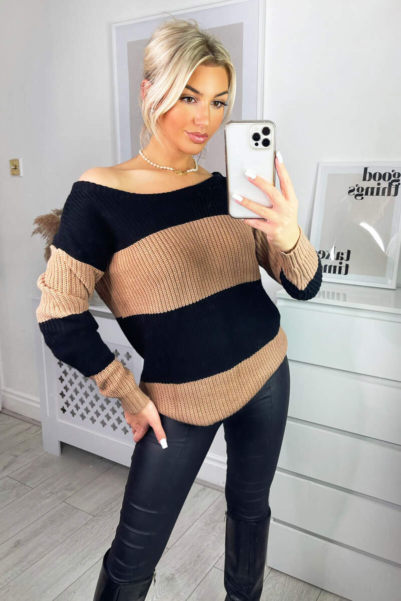 Camel and Black Colour Block Striped Knitted Jumper