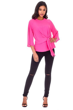Cerise Flared Sleeve Tie Waist Detail Top