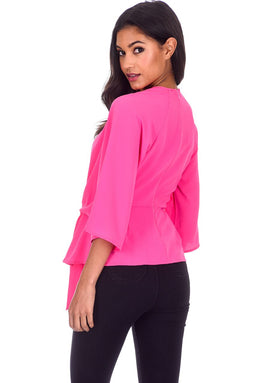 Cerise Flared Sleeve Tie Waist Detail Top