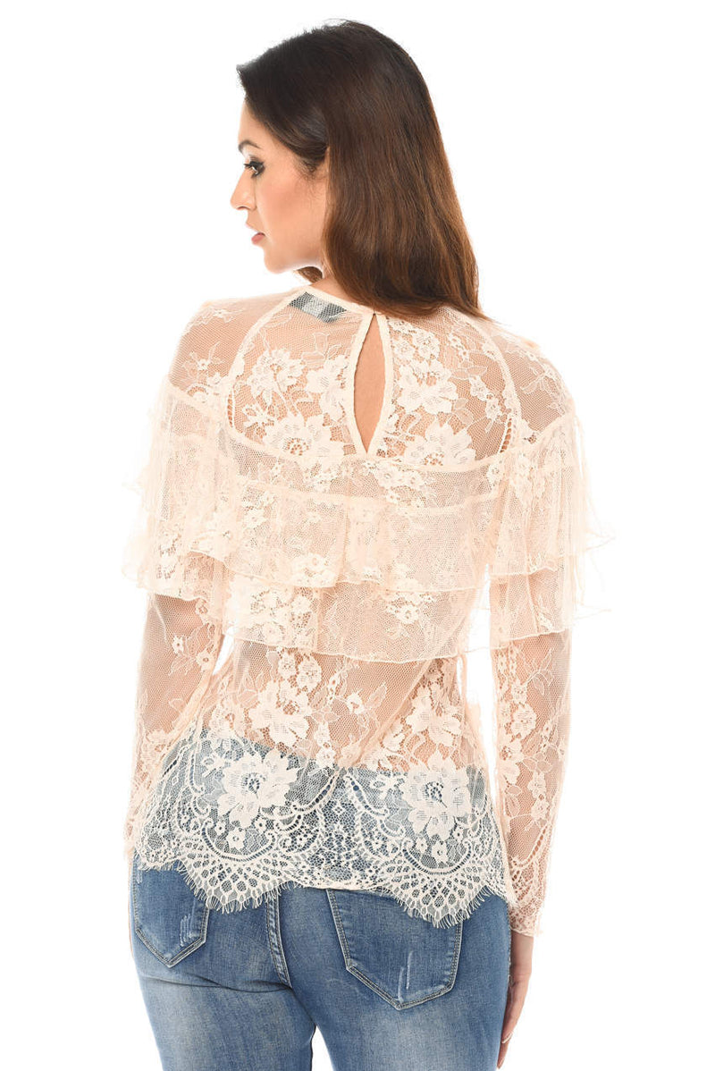 Champagne Long Sleeved Lace Frill Top