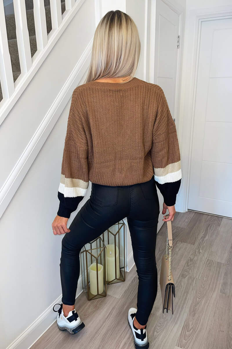 Chocolate Striped Sleeve Knitted Jumper