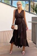 Chocolate Wrap Frill Hem Maxi Dress with Tie Belt