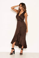 Chocolate Wrap Frill Hem Maxi Dress with Tie Belt