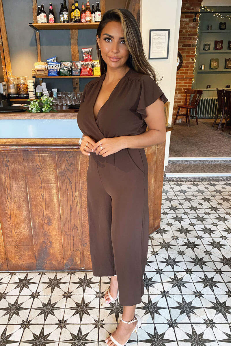 Chocolate Wrap Over Frill Sleeve Jumpsuit
