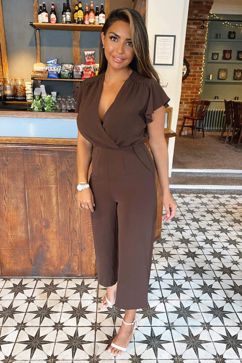 Chocolate Wrap Over Frill Sleeve Jumpsuit