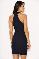 Navy Bodycon High Neck Ruched Dress