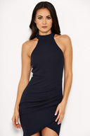 Navy Bodycon High Neck Ruched Dress