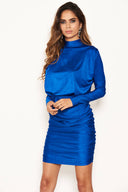 Cobalt High Neck Long Sleeve Ruched Dress