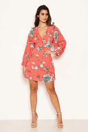 Coral Floral Wide Sleeve Dress