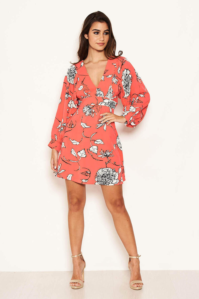 Coral Floral Wide Sleeve Dress