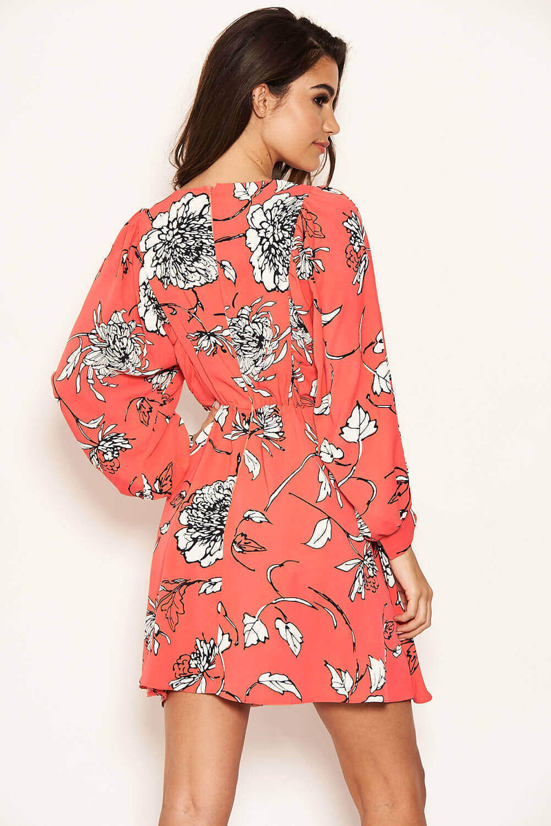 Coral Floral Wide Sleeve Dress