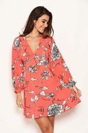 Coral Floral Wide Sleeve Dress