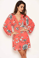 Coral Floral Wide Sleeve Dress