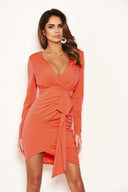 Coral Long Sleeve Ruched Wrap Dress