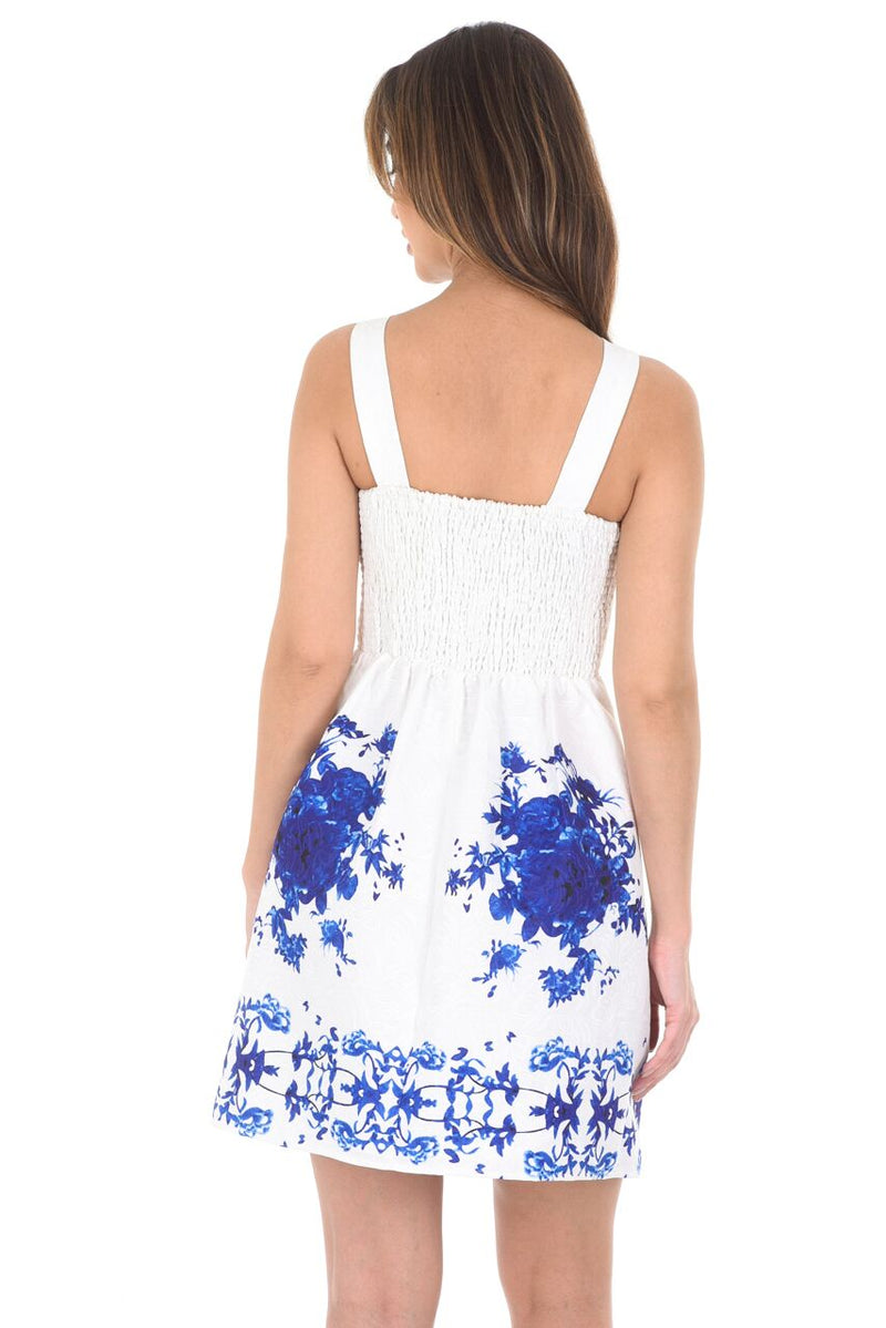 Cream And Blue Embossed Skater Dress