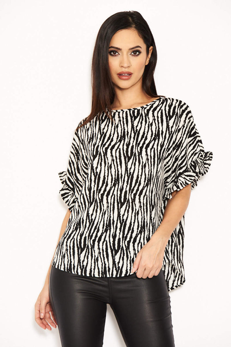 Cream Animal Printed Frill Sleeved Top