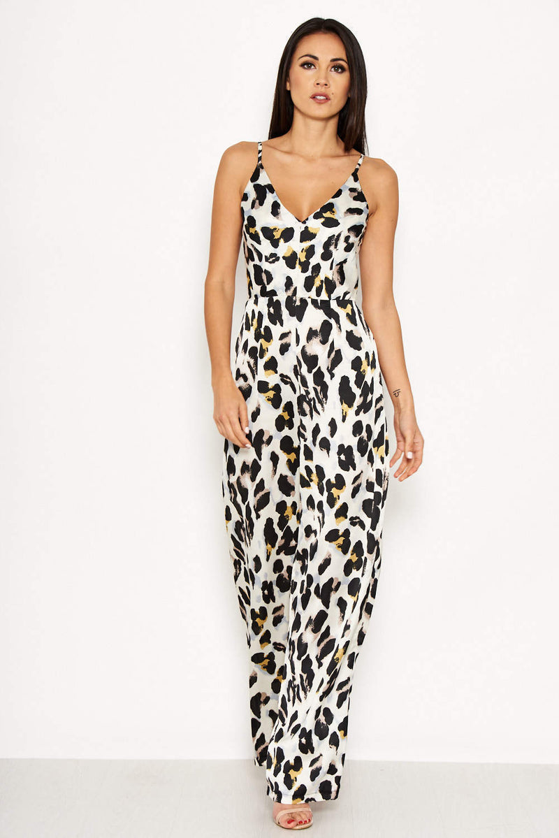 Cream Animal Print V Neck Jumpsuit