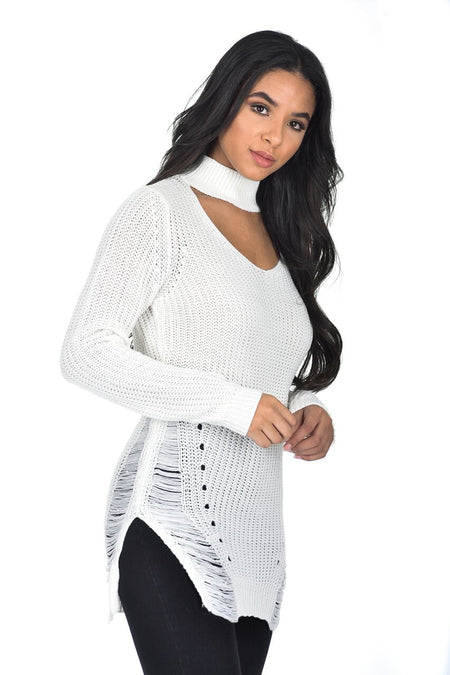 Cream Choker Ladder Cable Knit Jumper