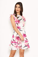 Cream Floral Frill Sleeve Dress