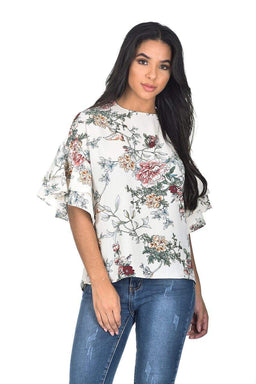 Cream Floral Frill Sleeve Top