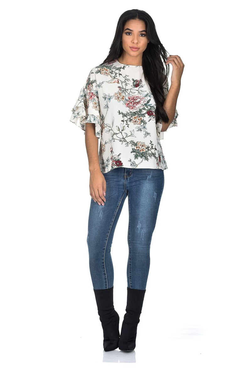 Cream Floral Frill Sleeve Top