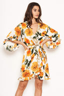 Cream Floral Frill Wrap Dress