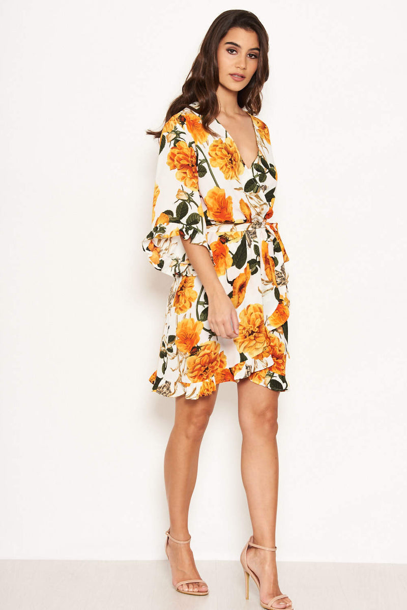 Cream Floral Frill Wrap Dress