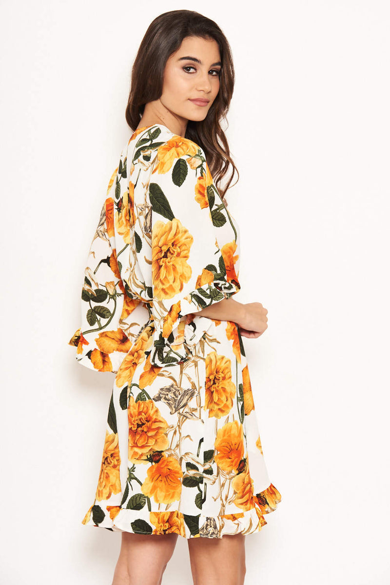 Cream Floral Frill Wrap Dress