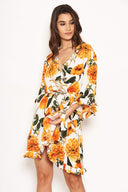 Cream Floral Frill Wrap Dress