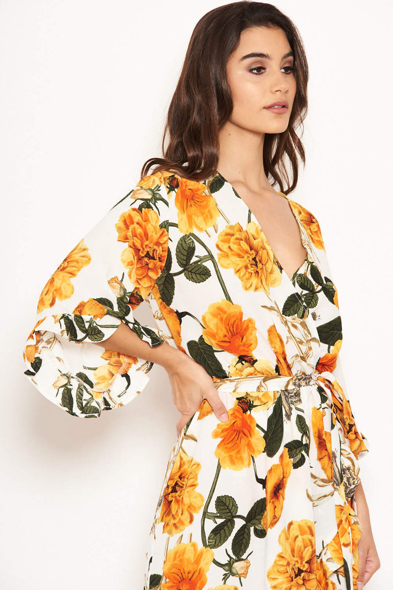 Cream Floral Frill Wrap Dress