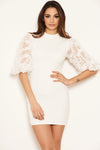 Cream Floral Mesh Sleeve Bodycon Dress