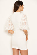 Cream Floral Mesh Sleeve Bodycon Dress