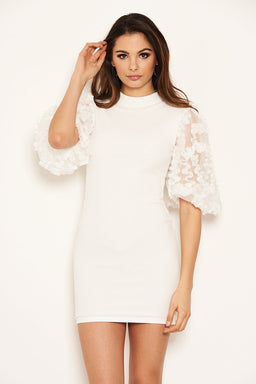 Cream Floral Mesh Sleeve Bodycon Dress