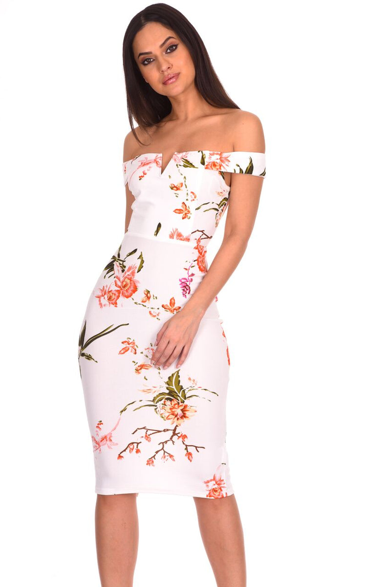 Cream Floral Notch Front Midi Dress