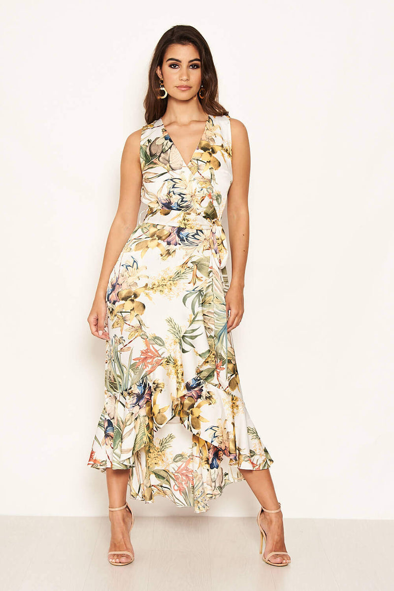 Cream Floral Sleeveless Maxi Dress with Belt