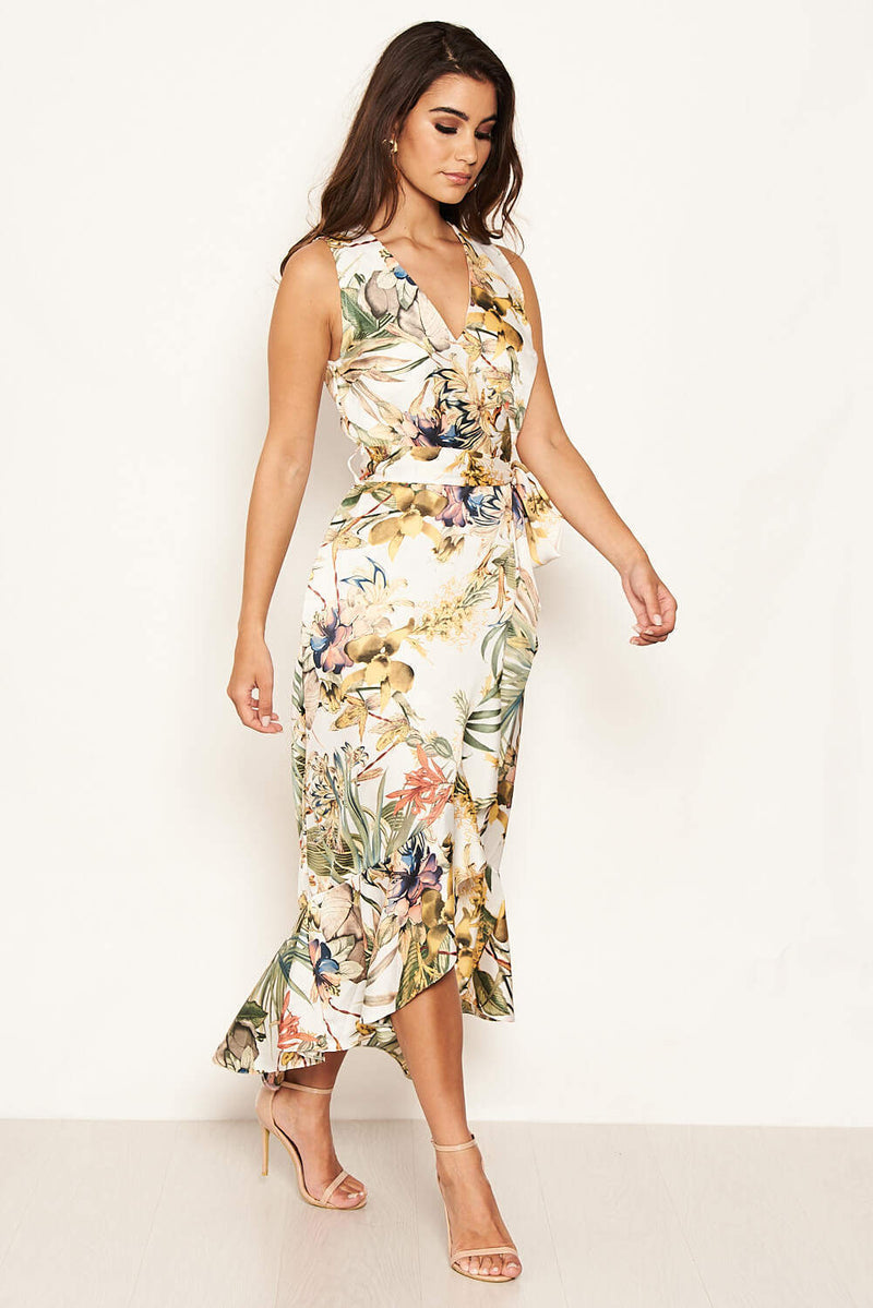 Cream Floral Sleeveless Maxi Dress with Belt